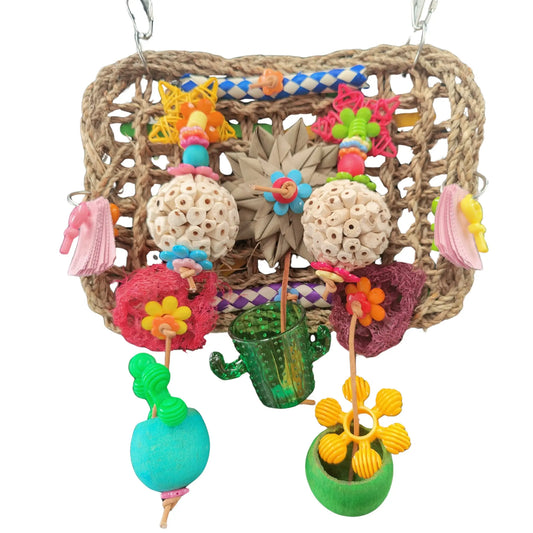 mat with loads of parts cups pods beads to chew and hide treats in. bird toy