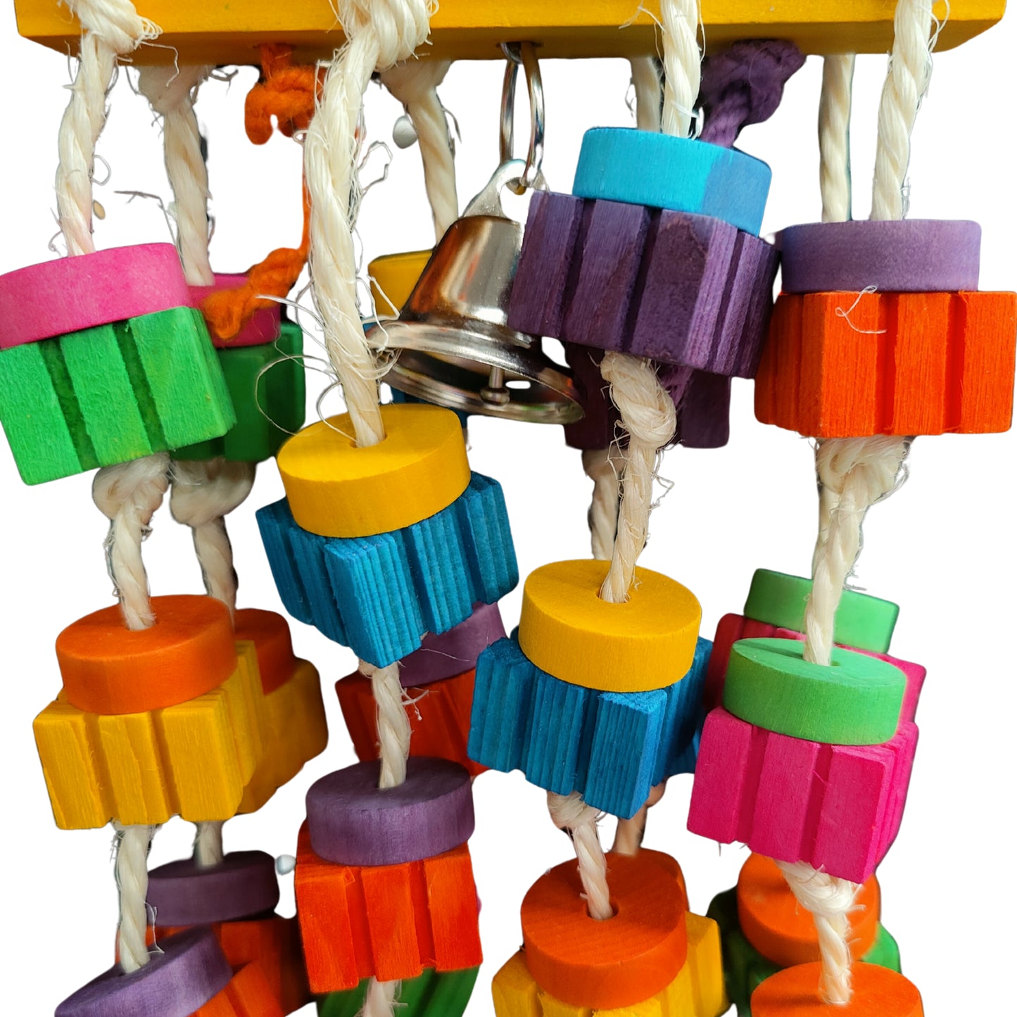 close up of the groovy dangle blocks bird toy