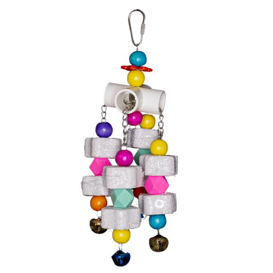 The Hanging Calcium Chew Bird Toy is designed to keep your bird entertained while supporting essential beak health. Featuring a PVC 4-way pipe with four strands of calcium chews, colourful beads, and chains, this engaging toy encourages chewing, climbing, and playful interaction. Plus, the bells at the bottom add an extra layer of excitement!