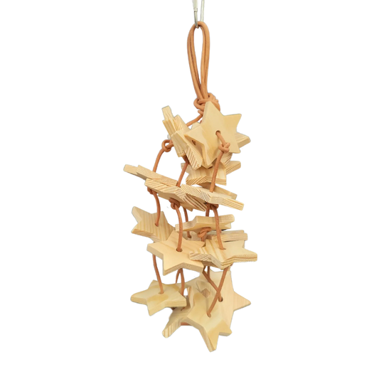 Natural wooden stars hanging from leathers cords. Chew pull tug and untie will give your medium sized birds hours of stimulation and entertainment.