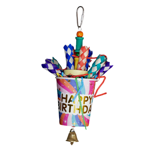 Happy Birthday Bird Toy
Celebrate your bird’s special day with this fun paper cup toy, filled with finger traps and shredded paper. Hung on wire with a quick link and finished with a bell at the bottom. A perfect birthday surprise for small to medium-sized birds.
Size: 10 cm x 23 cm