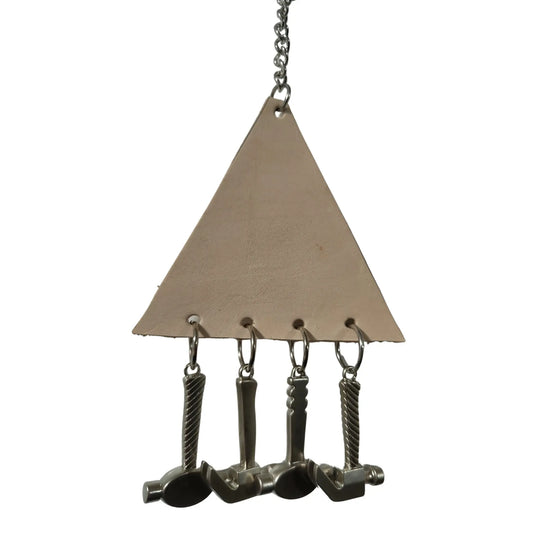 Four hammers hanging from a leather triangle bird toy
