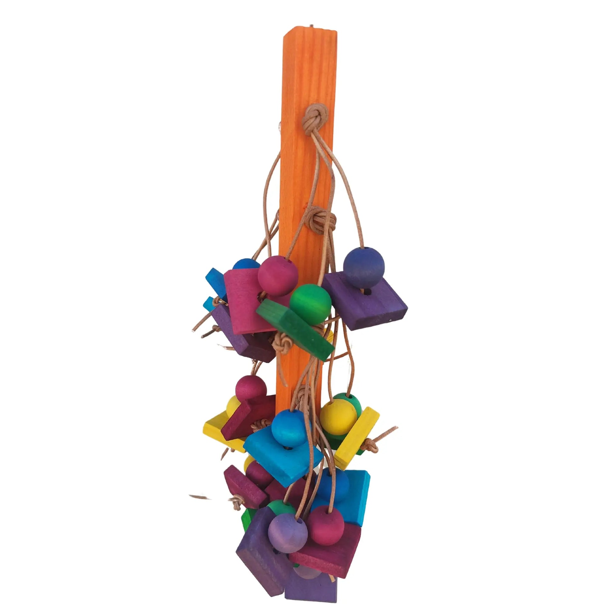 wood block and balls hanging off a orange wood block bird toy