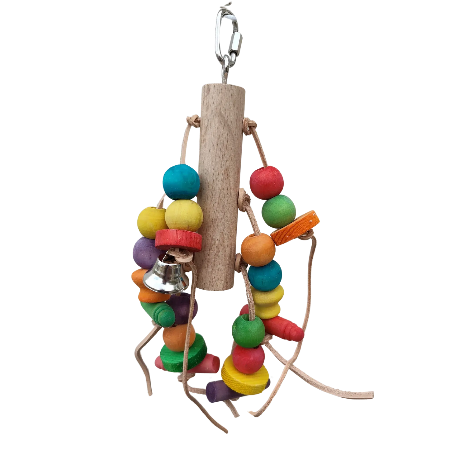 hanging log bird toy with lots of wood beads