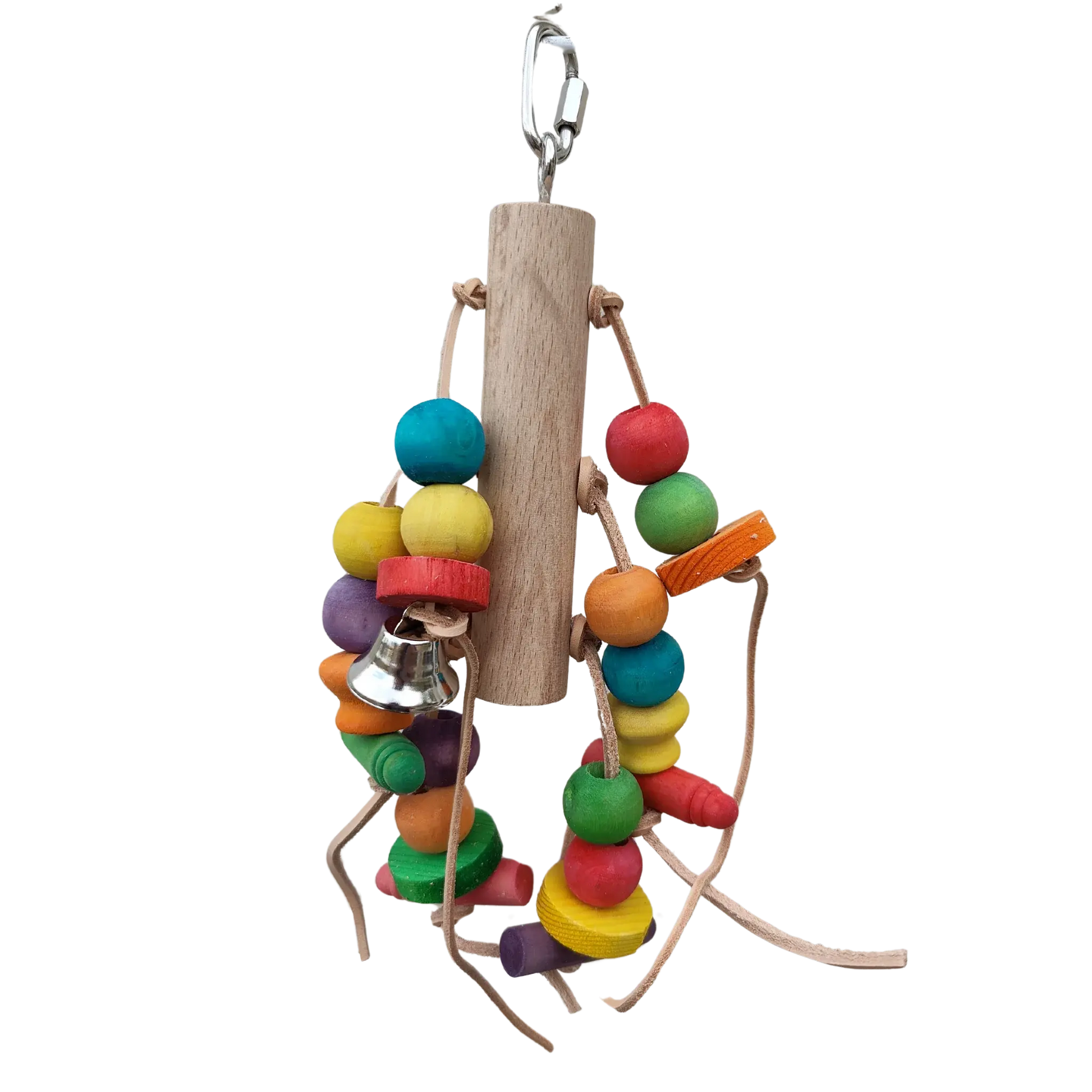 hanging log bird toy with lots of wood beads