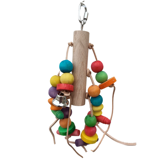 hanging log bird toy with lots of wood beads