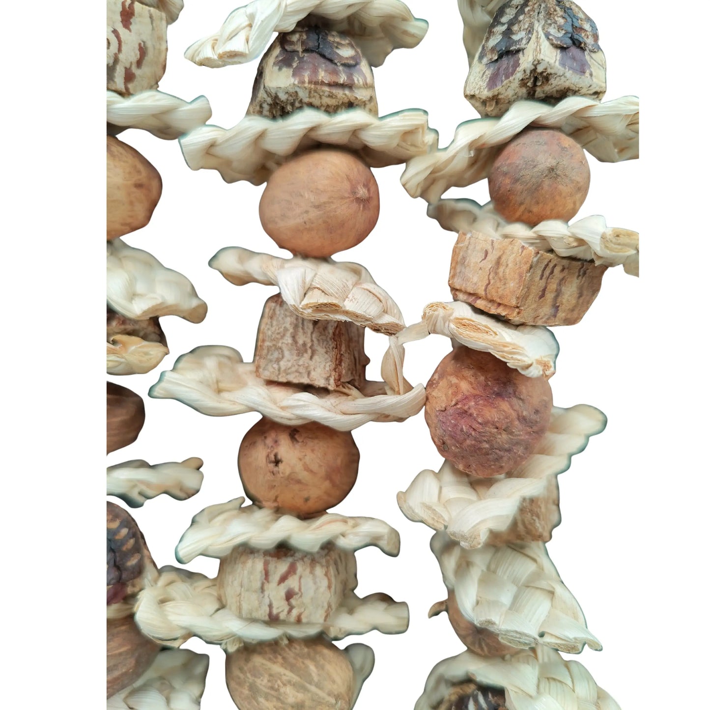 close up of the hanging mahogony and nuts bird toy