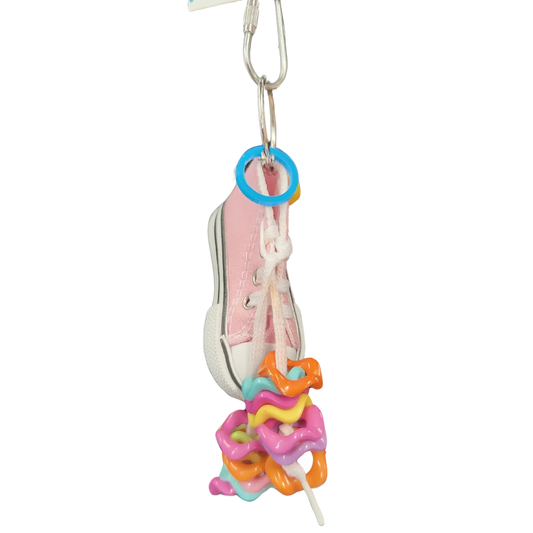 hanging shoe with wiggle rings bird toy