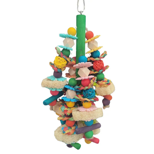 hanging snowflakes, beads, cane balls, and lufa slices bird toy