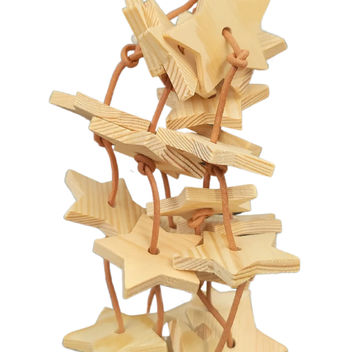 Close up - Measurements 28cm x 10cm - Natural wooden stars hanging from leathers cords. Chew pull tug and untie will give your medium sized birds hours of stimulation and entertainment.