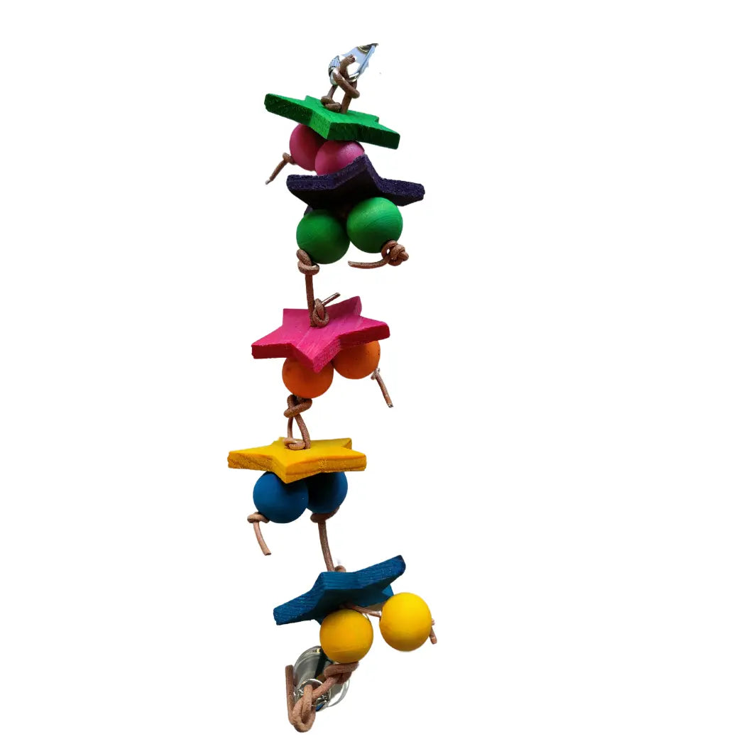hanging stars and balls on a leather cord bird toy