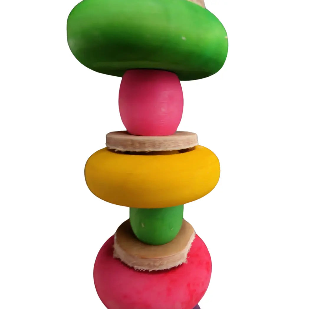 close up hanging wood bird toy