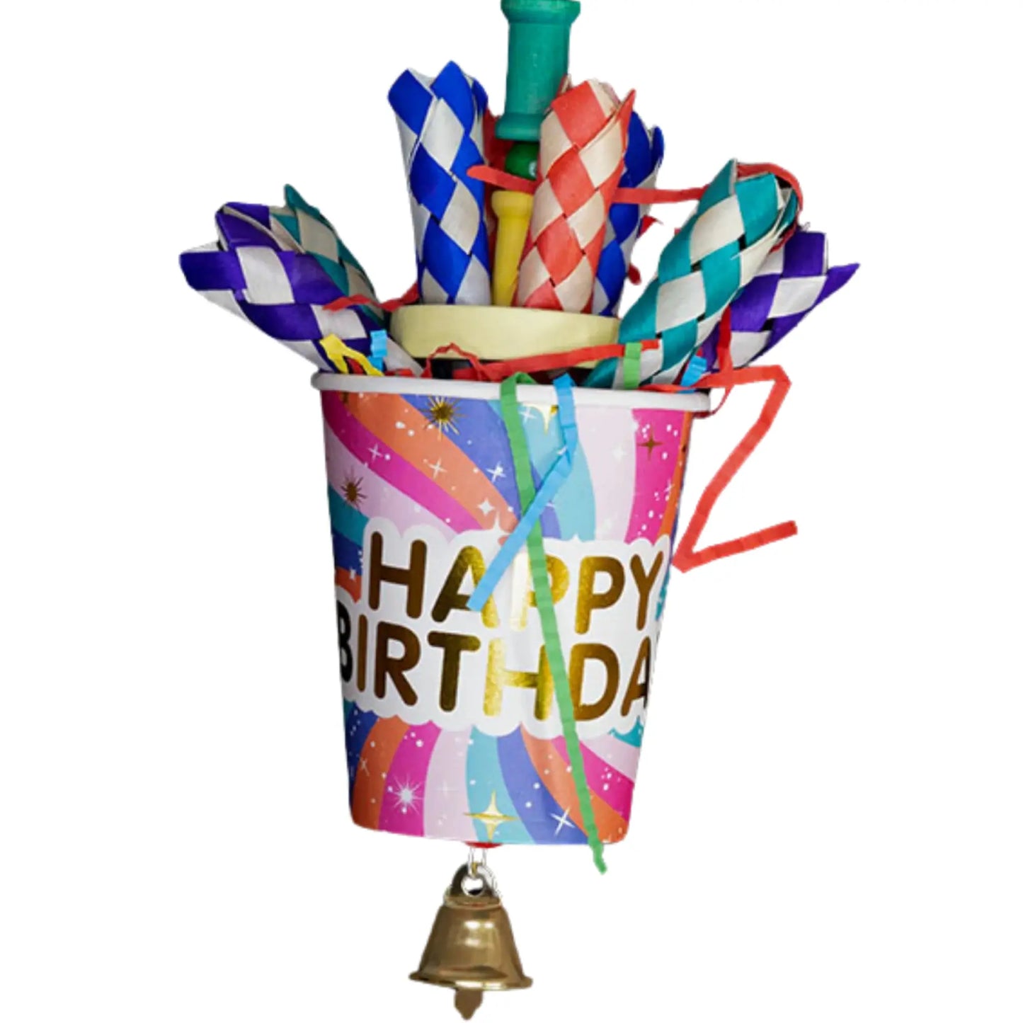 Closeup - Happy Birthday Bird Toy
Celebrate your bird’s special day with this fun paper cup toy, filled with finger traps and shredded paper. Hung on wire with a quick link and finished with a bell at the bottom. A perfect birthday surprise for small to medium-sized birds.
Size: 10 cm x 23 cm
