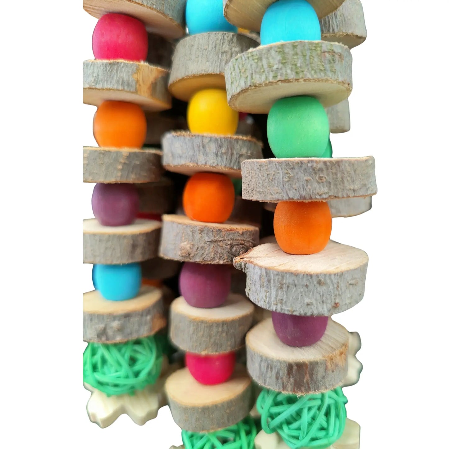 close up of the hanging beads on the happy face bird toy