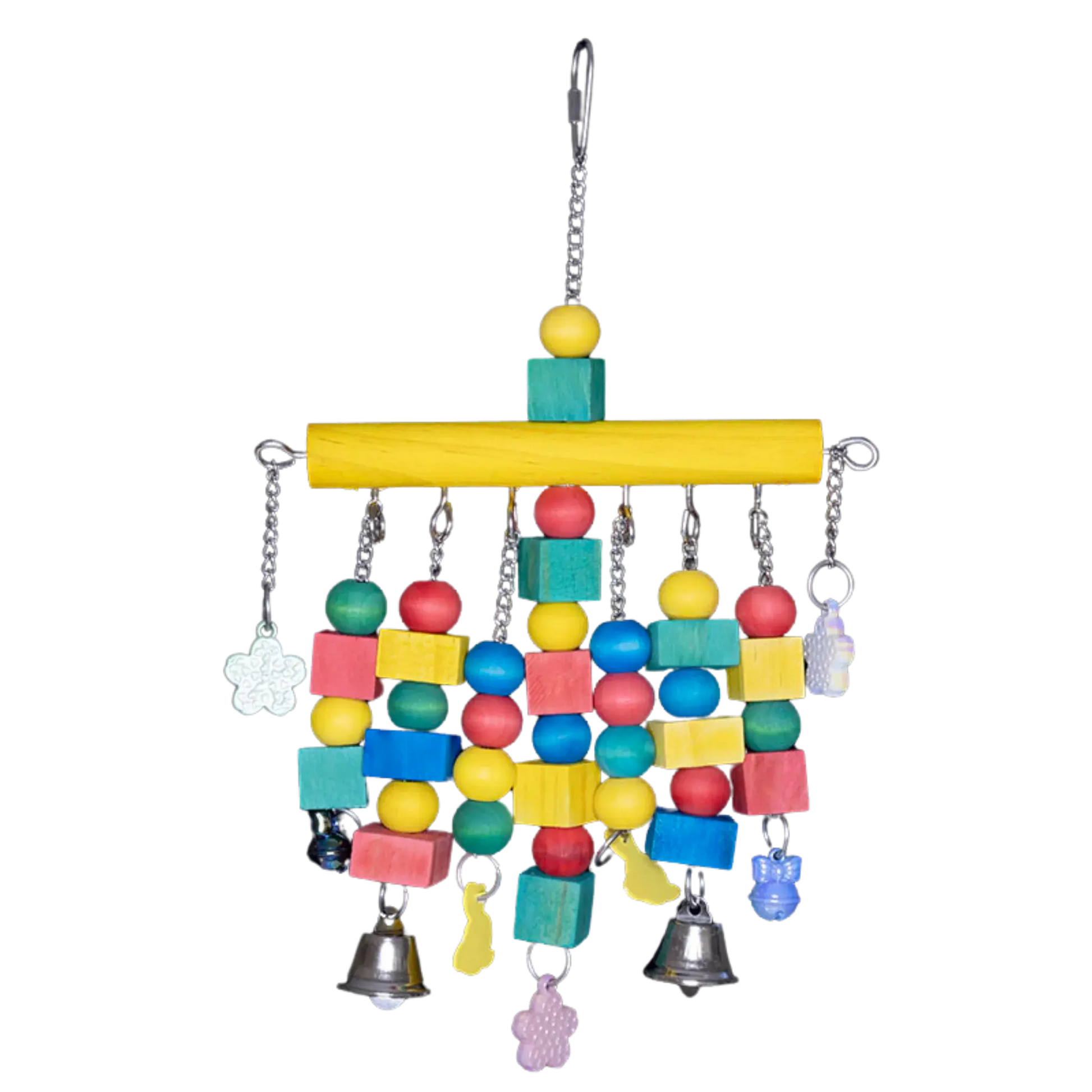 Bursting with colourful wood blocks, beads, and bells hanging from a wooden roll, this toy delivers maximum stimulation and entertainment for medium-sized birds.
