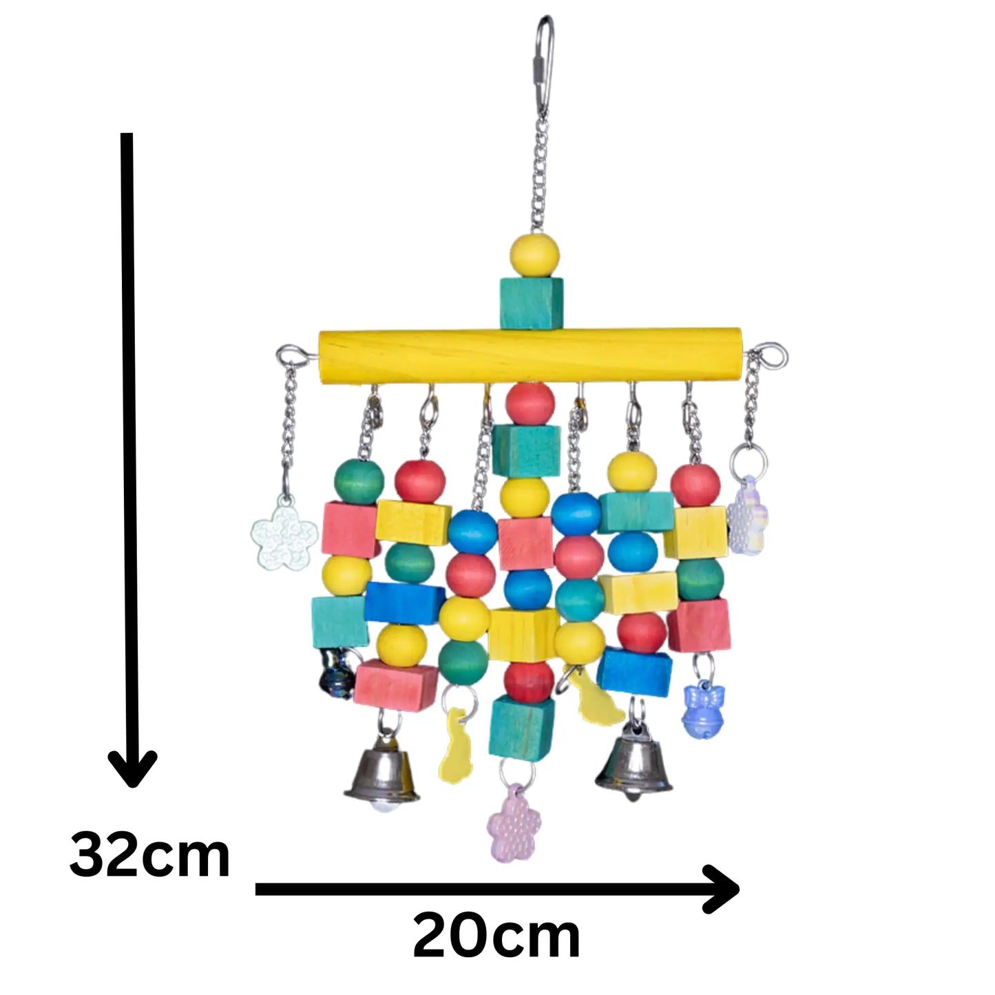 Measurements - Coloured Wooden Roll Bird Toy
Bursting with colourful wood blocks, beads, and bells hanging from a wooden roll, this toy delivers maximum stimulation and entertainment for medium-sized birds.
Size: 20 cm x 32 cm