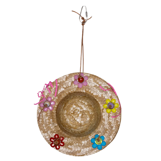 Two hats (made from natural palm leaf weave) joined together and filled with shredded paper. Hung from leather cord with a quick link at the top.
A must bird toy for medium size birds who like to forage and shred.
