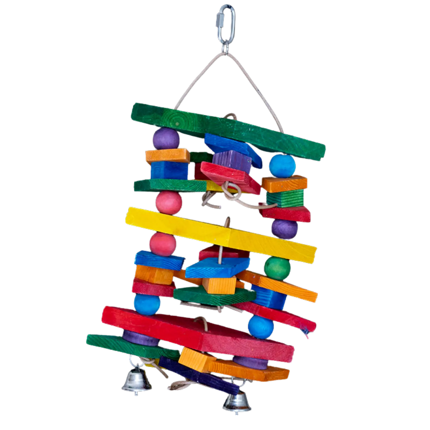 The Diamond Delight Bird Toy is the perfect combination of stimulation, durability, and fun for larger parrots. Designed with large diamond-shaped wooden blocks, colourful beads, and other uniquely shaped wooden pieces, this toy encourages chewing, climbing, and playful interaction. With two bells for added excitement, your bird will stay entertained for hours!