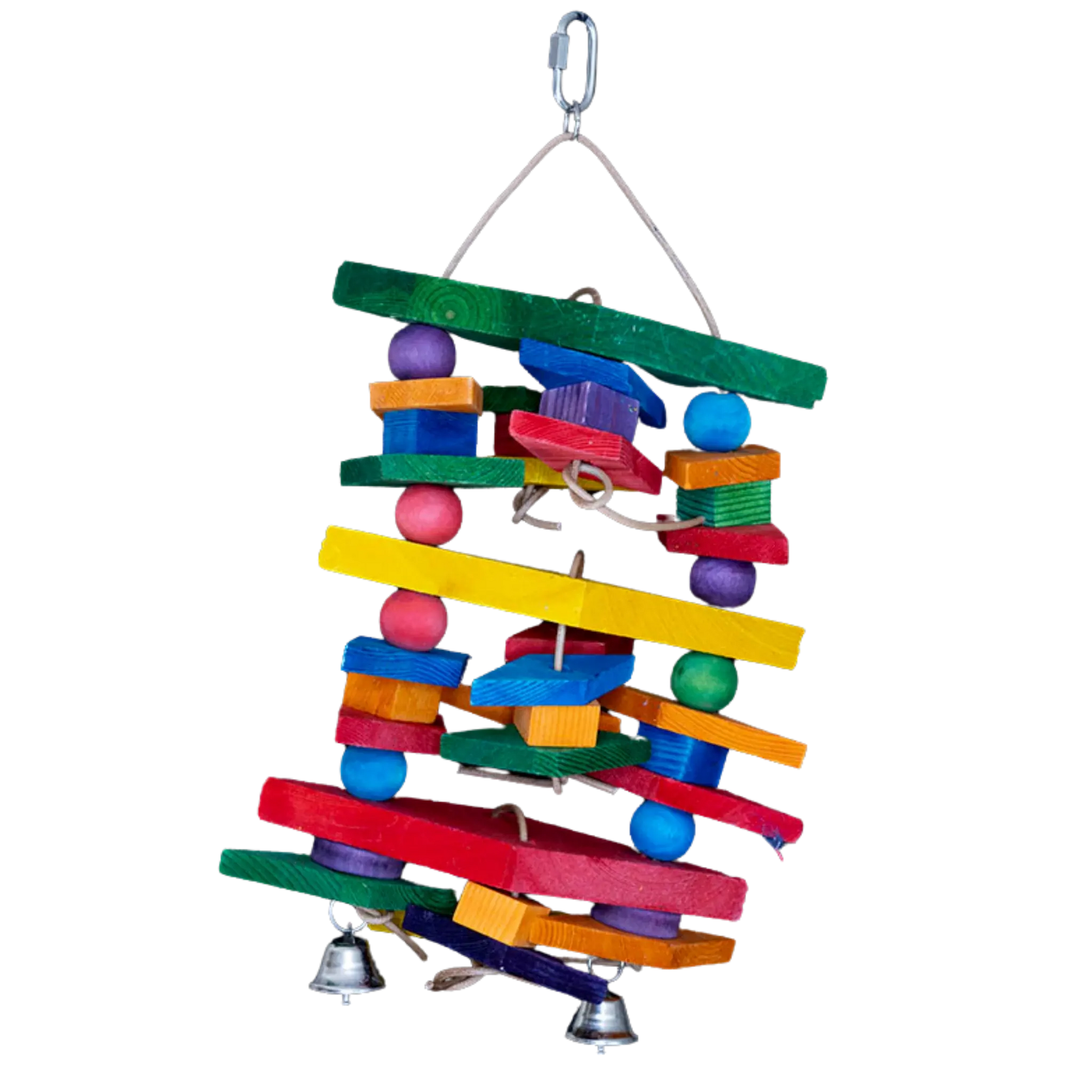 The Diamond Delight Bird Toy is the perfect combination of stimulation, durability, and fun for larger parrots. Designed with large diamond-shaped wooden blocks, colourful beads, and other uniquely shaped wooden pieces, this toy encourages chewing, climbing, and playful interaction. With two bells for added excitement, your bird will stay entertained for hours!