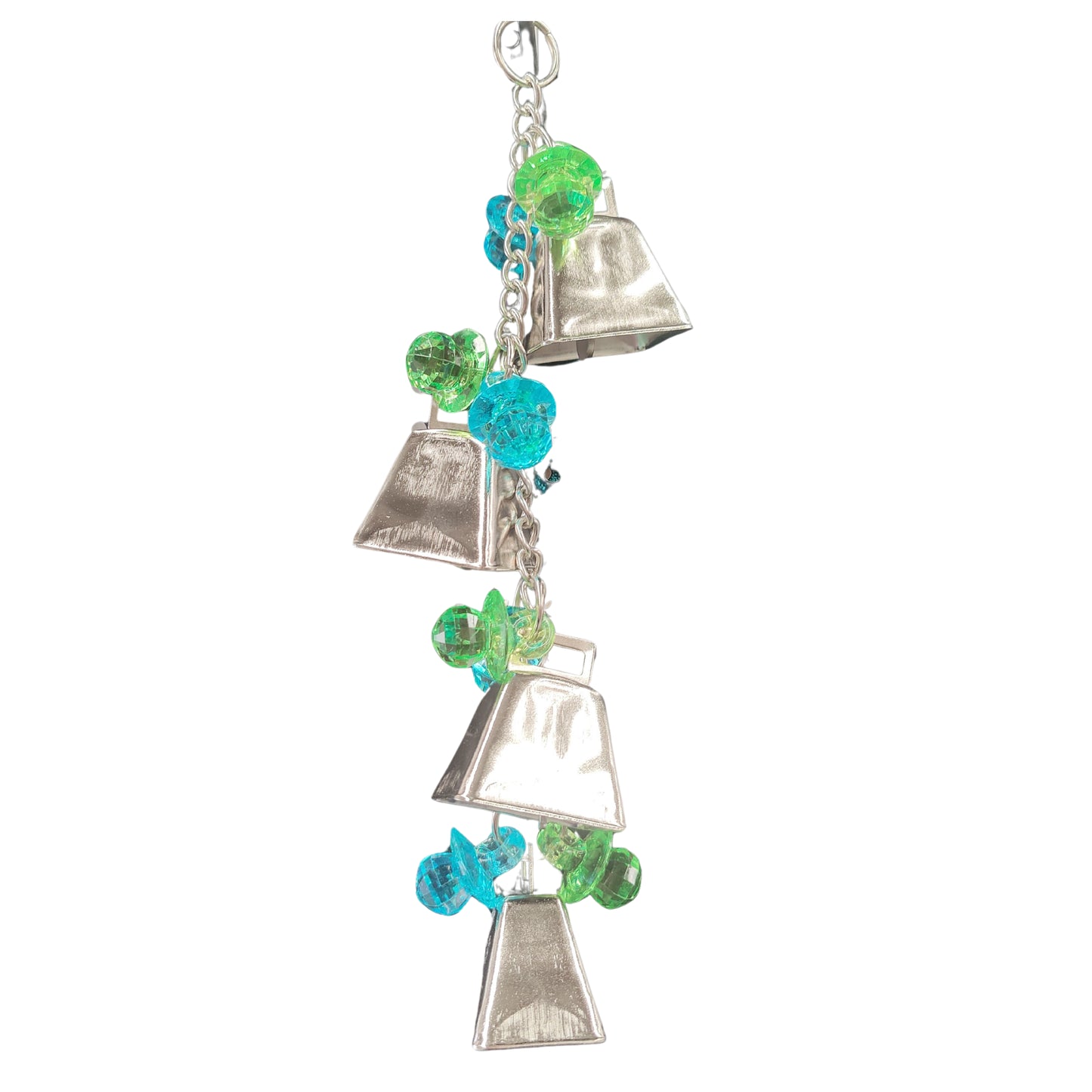 four large cow bells on a chain with diamond dummies bird toy
