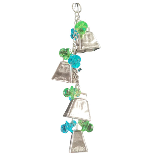 four large cow bells on a chain with diamond dummies bird toy