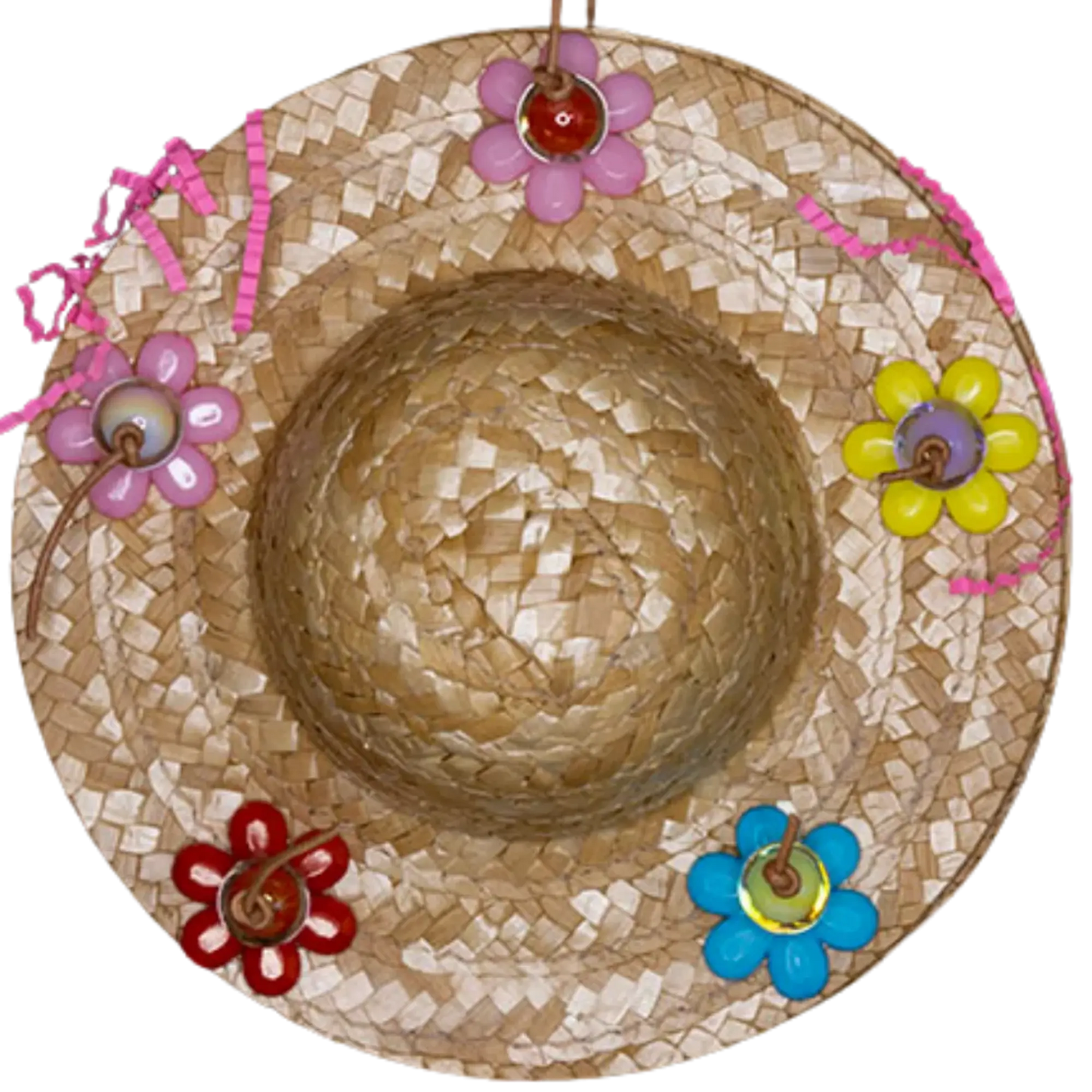 Closeup Image - Two hats (made from natural palm leaf weave) joined together and filled with shredded paper. Hung from leather cord with a quick link at the top.
A must bird toy for medium size birds who like to forage and shred.