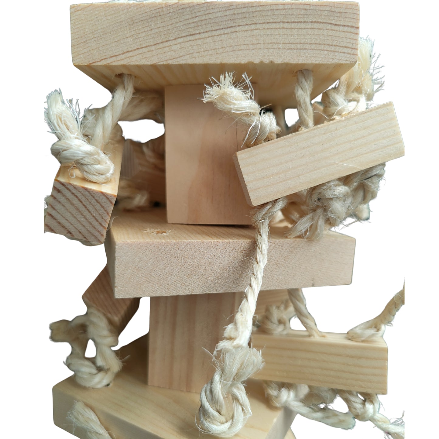close up of the large natural wood blocks bird toy