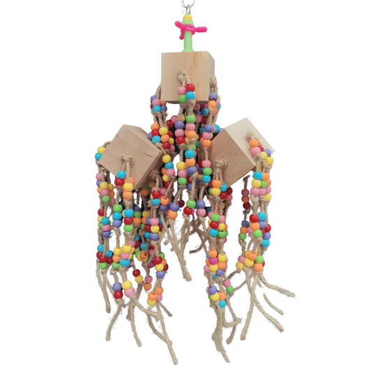 3 blocks and lots of knots and beads bird toy