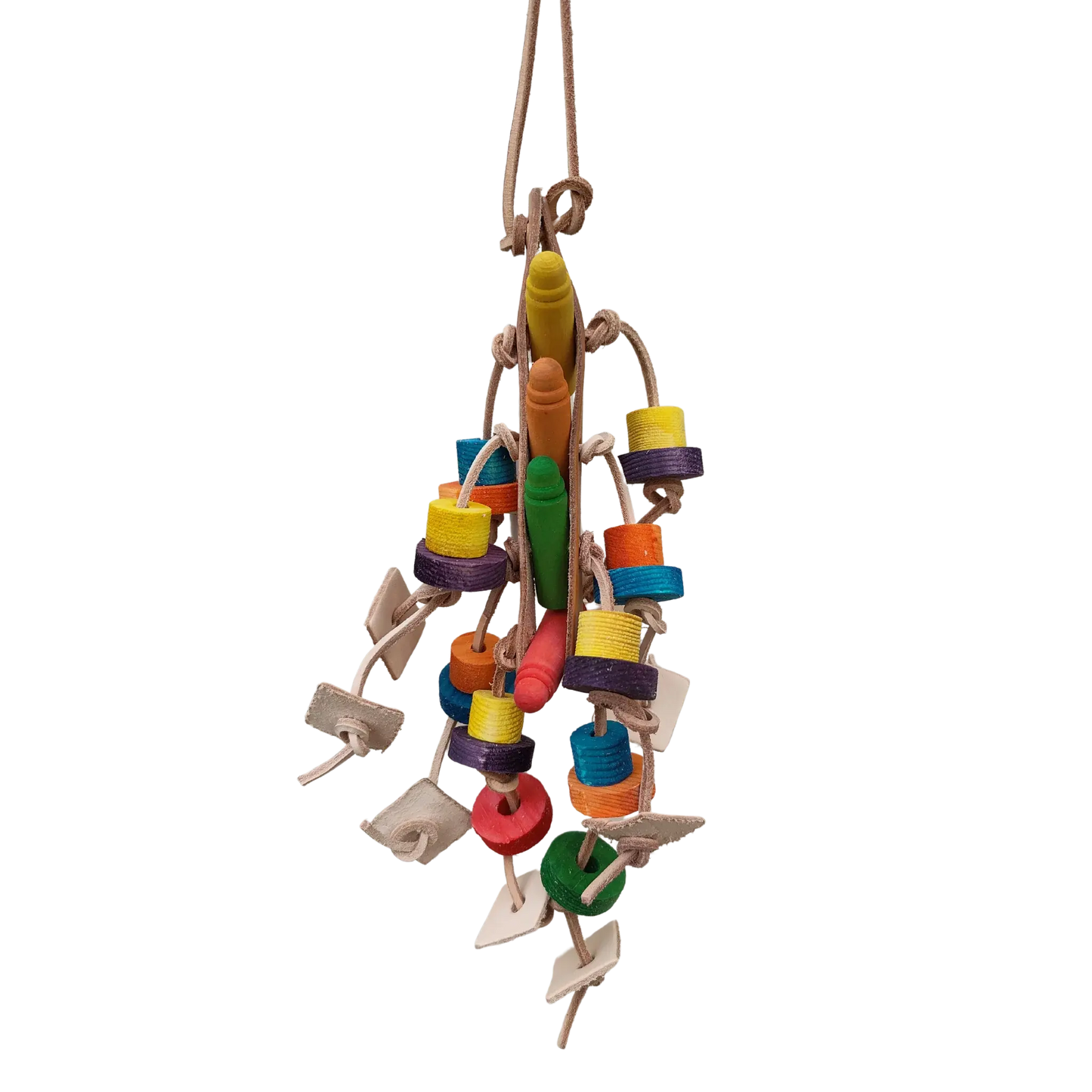 wood bullet and blocks all hung by leather bird toy