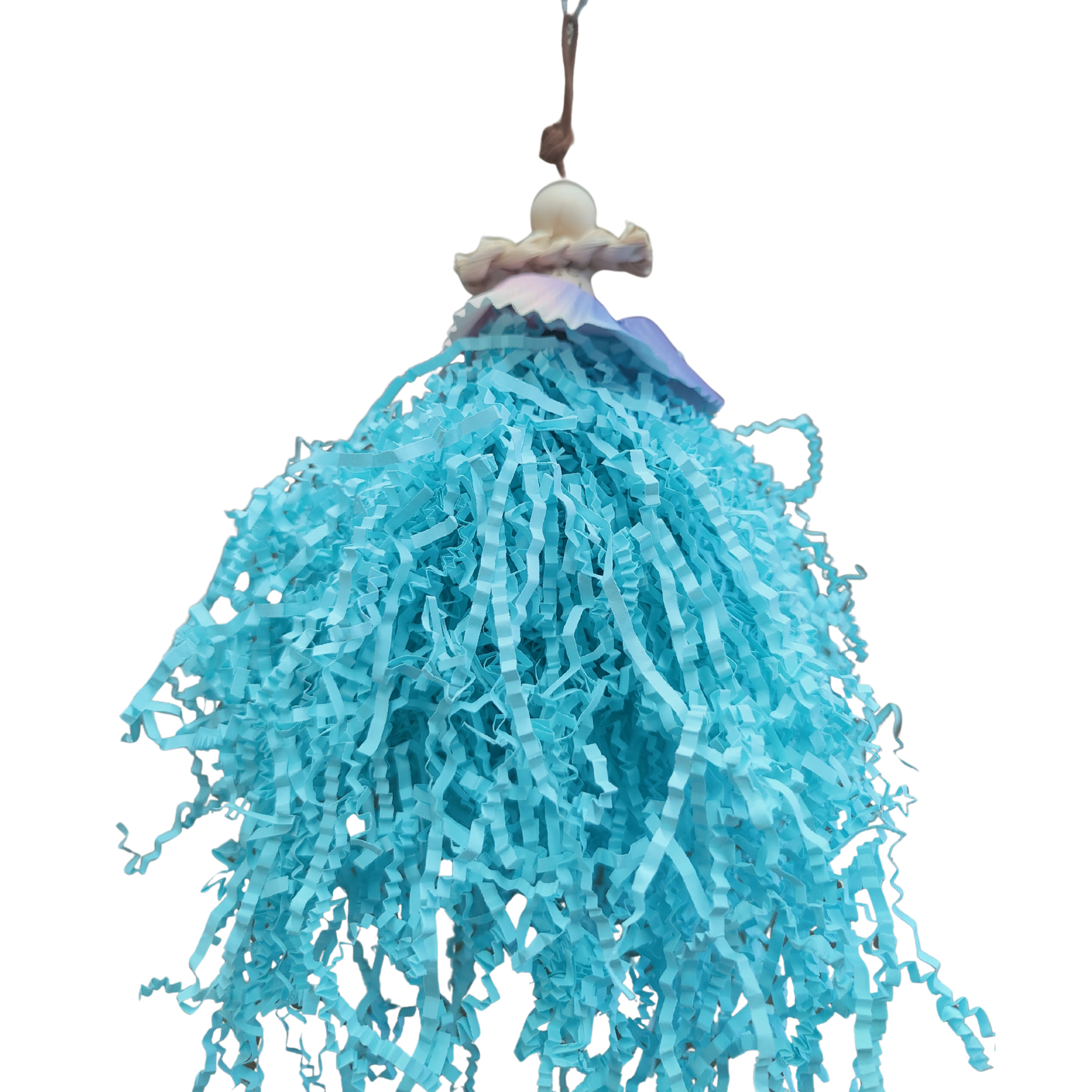 little shaggy girl bird toy has a lovely crinkle paper dress