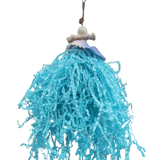 little shaggy girl bird toy has a lovely crinkle paper dress
