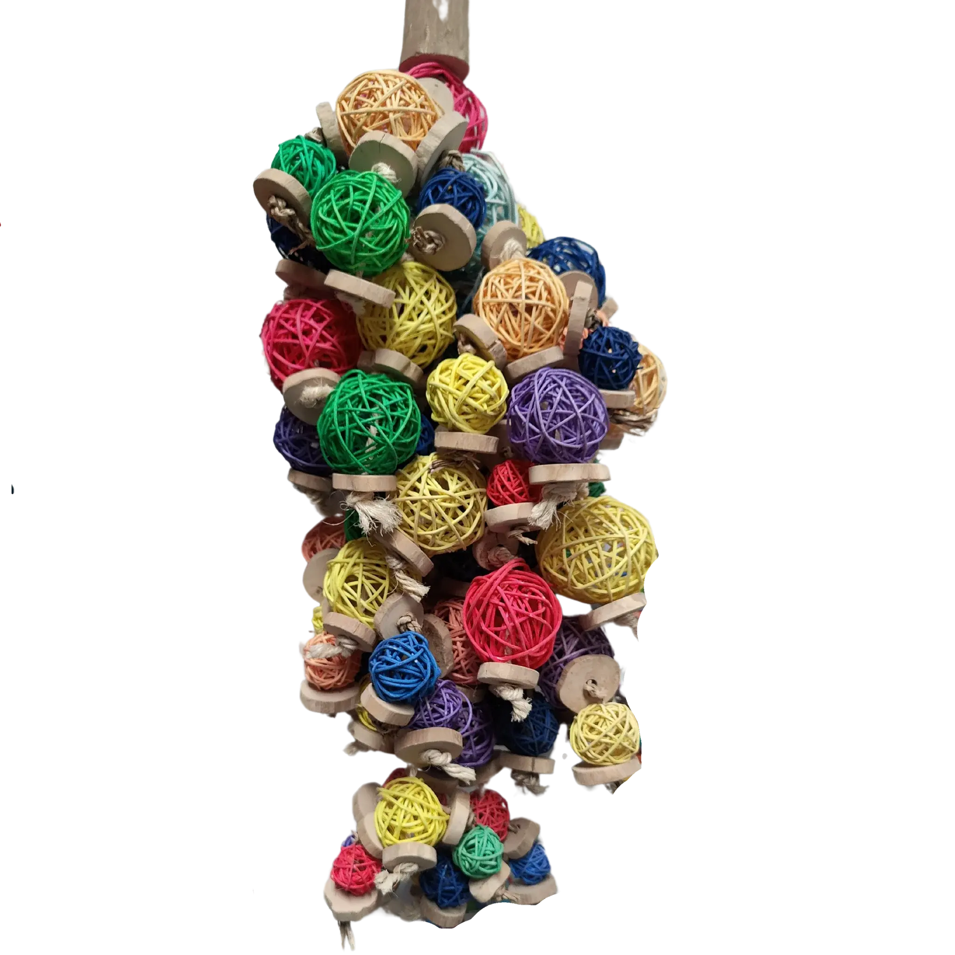 lots of coloured cane balls and natural wood rings hanging bird toy