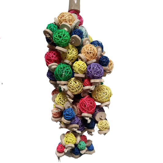 lots of coloured cane balls and natural wood rings hanging bird toy