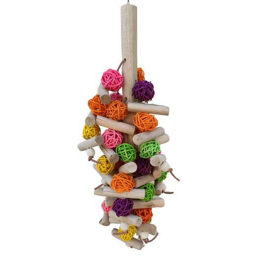 lots of small cane balls hanging from a wood rod bird toy