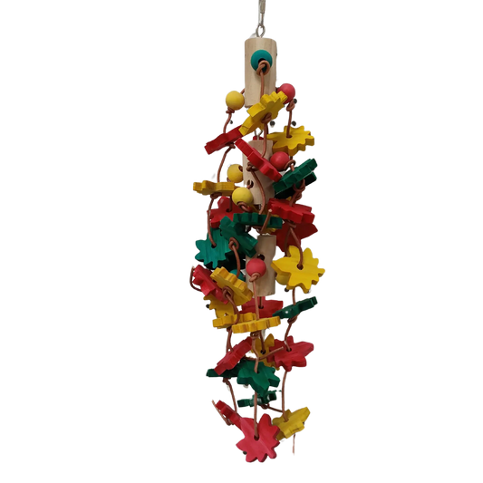 Three hanging wood blocks, with lots of coloured wood leaves threaded and knotted with leather cord. Medium to large birds love to chew wood and this bird toy will stimulate their natural chewing instinct.