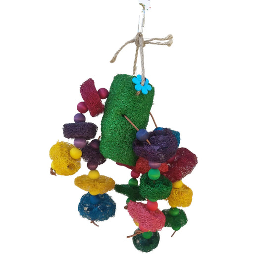 bird toy made from lufa pieces