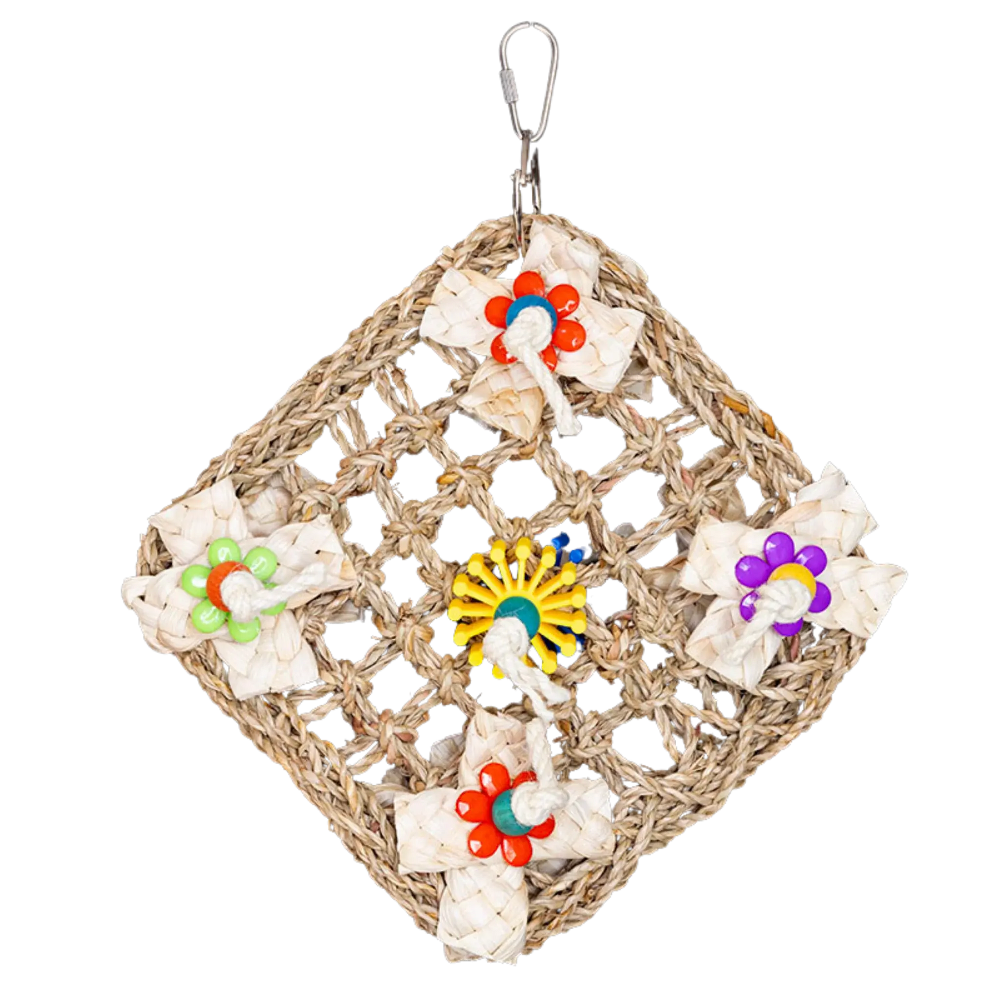 Mat with Flowers Bird Toy
This diamond mat bird toy features colourful plastic flowers and a central plastic gear, perfect for foraging fun. Hangs easily with a quick link and suits small to large birds.
Size: 18 cm x 18 cm