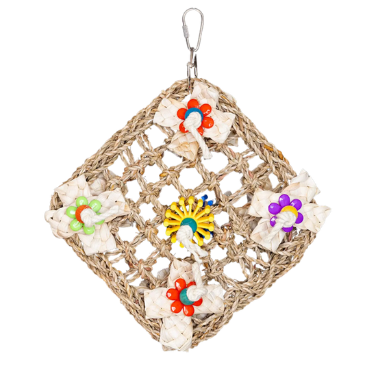 Mat with Flowers Bird Toy
This diamond mat bird toy features colourful plastic flowers and a central plastic gear, perfect for foraging fun. Hangs easily with a quick link and suits small to large birds.
Size: 18 cm x 18 cm
