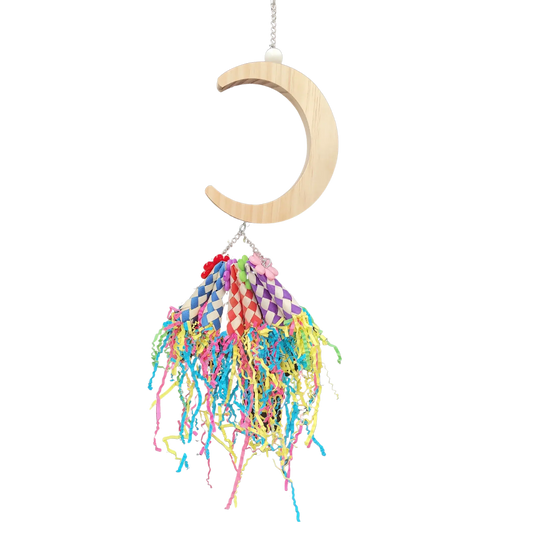 Moon Party Shredable Bird Toy
This playful toy features a wooden moon with finger traps filled with crinkle paper. Perfect for smaller birds to perch, swing, and enjoy hours of shredding fun.
Size: 34 cm x 12 cm
