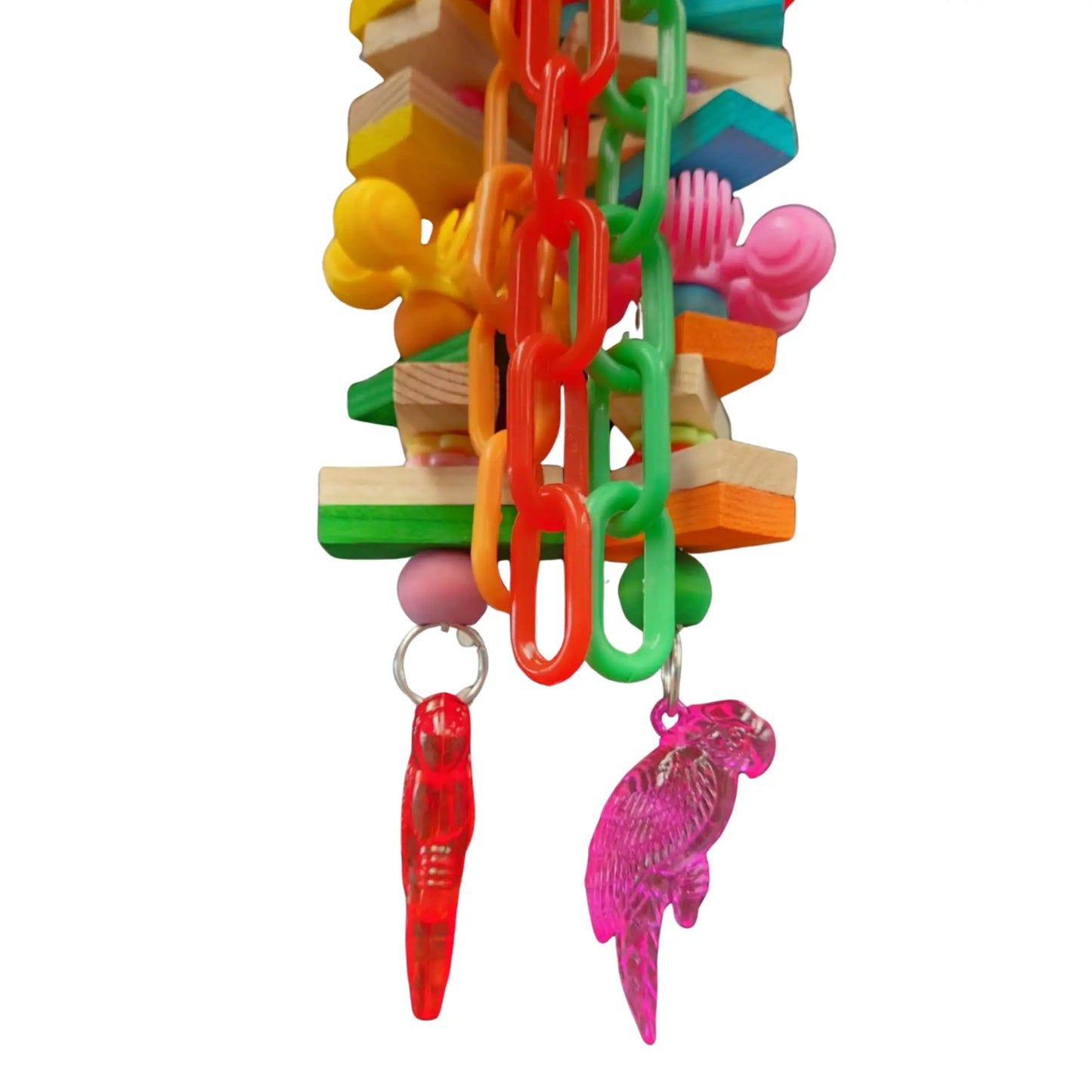 close up of the macaw strands bird toy