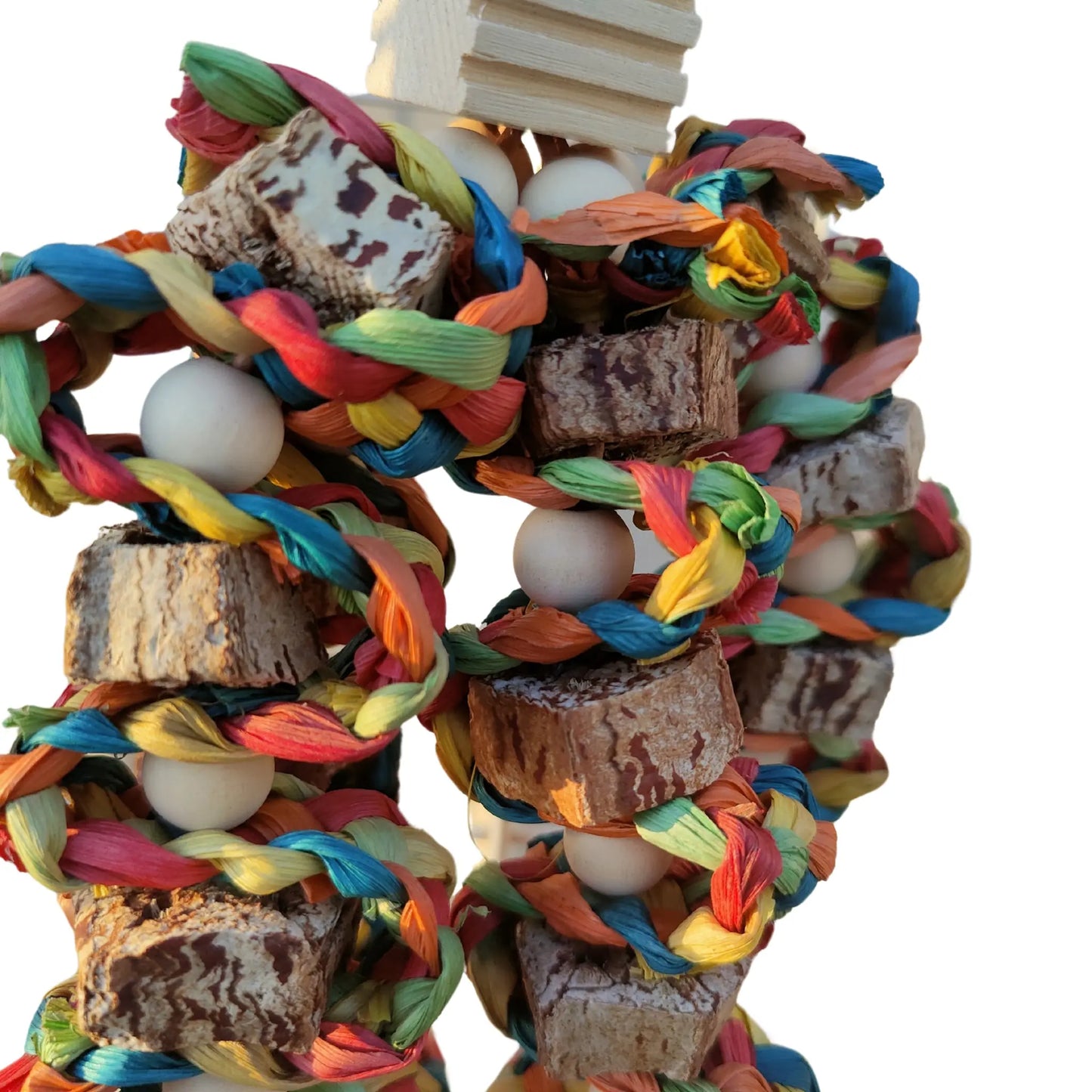 close up of mahogony waves bird toy