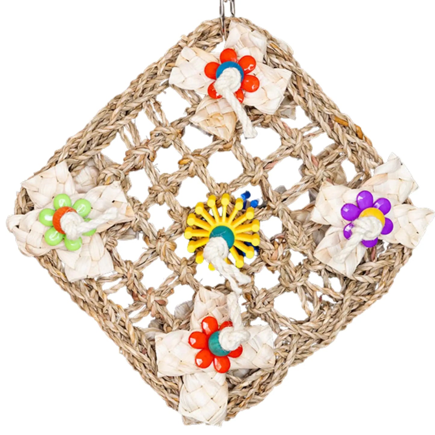 Closeup - Mat with Flowers Bird Toy This diamond mat bird toy features colourful plastic flowers and a central plastic gear, perfect for foraging fun. Hangs easily with a quick link and suits small to large birds. Size: 18 cm x 18 cm