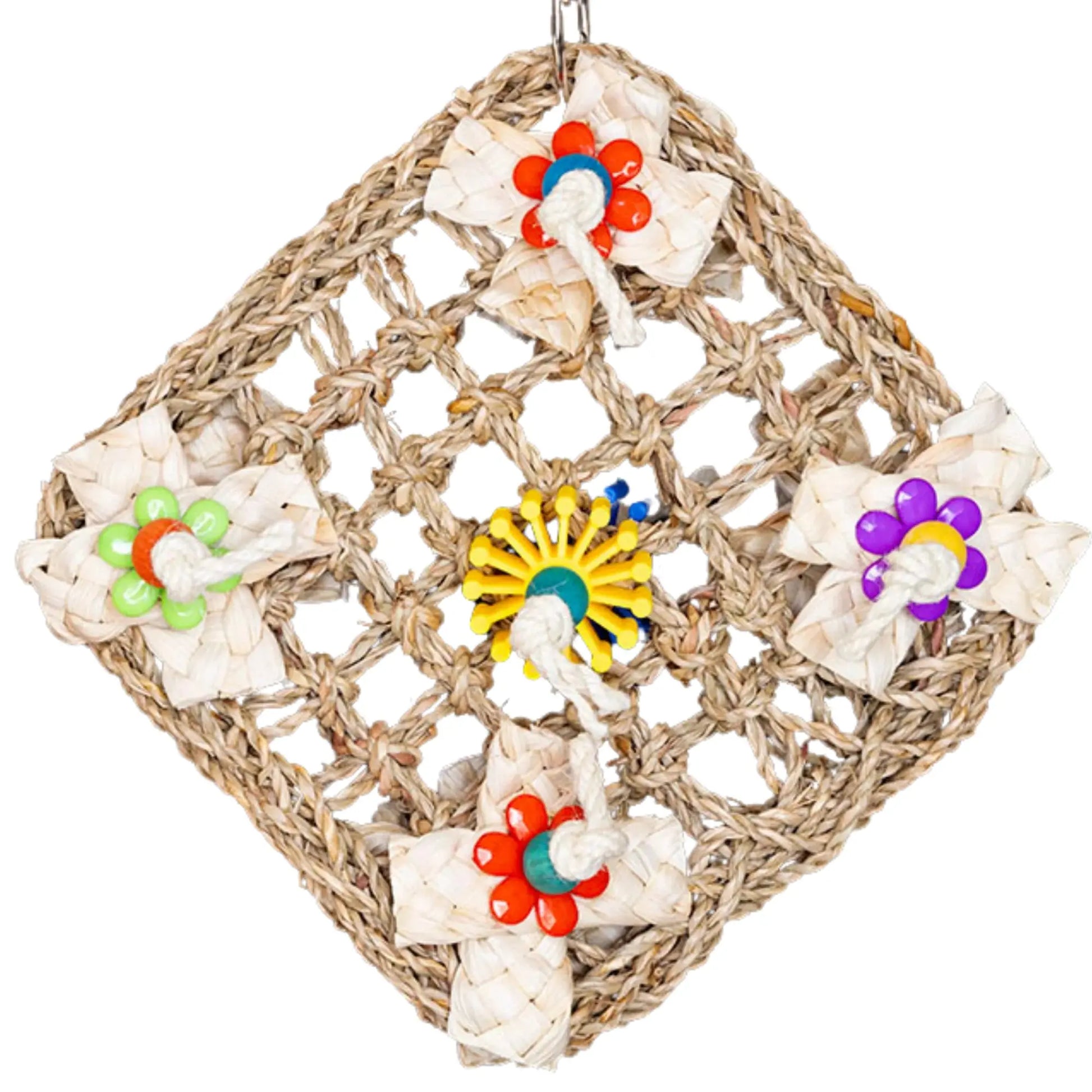 Closeup - Mat with Flowers Bird Toy This diamond mat bird toy features colourful plastic flowers and a central plastic gear, perfect for foraging fun. Hangs easily with a quick link and suits small to large birds. Size: 18 cm x 18 cm