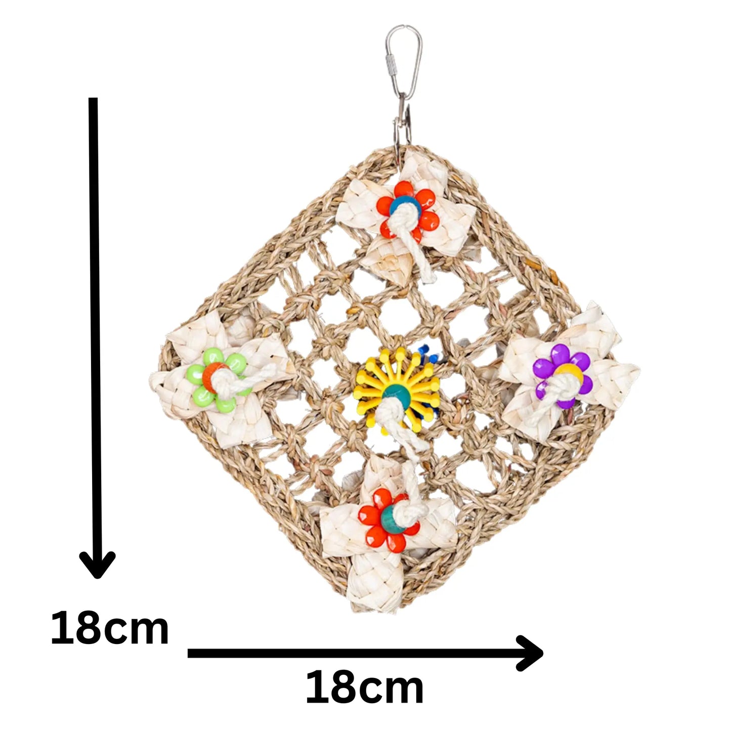 Measurements - Mat with Flowers Bird Toy This diamond mat bird toy features colourful plastic flowers and a central plastic gear, perfect for foraging fun. Hangs easily with a quick link and suits small to large birds. Size: 18 cm x 18 cm