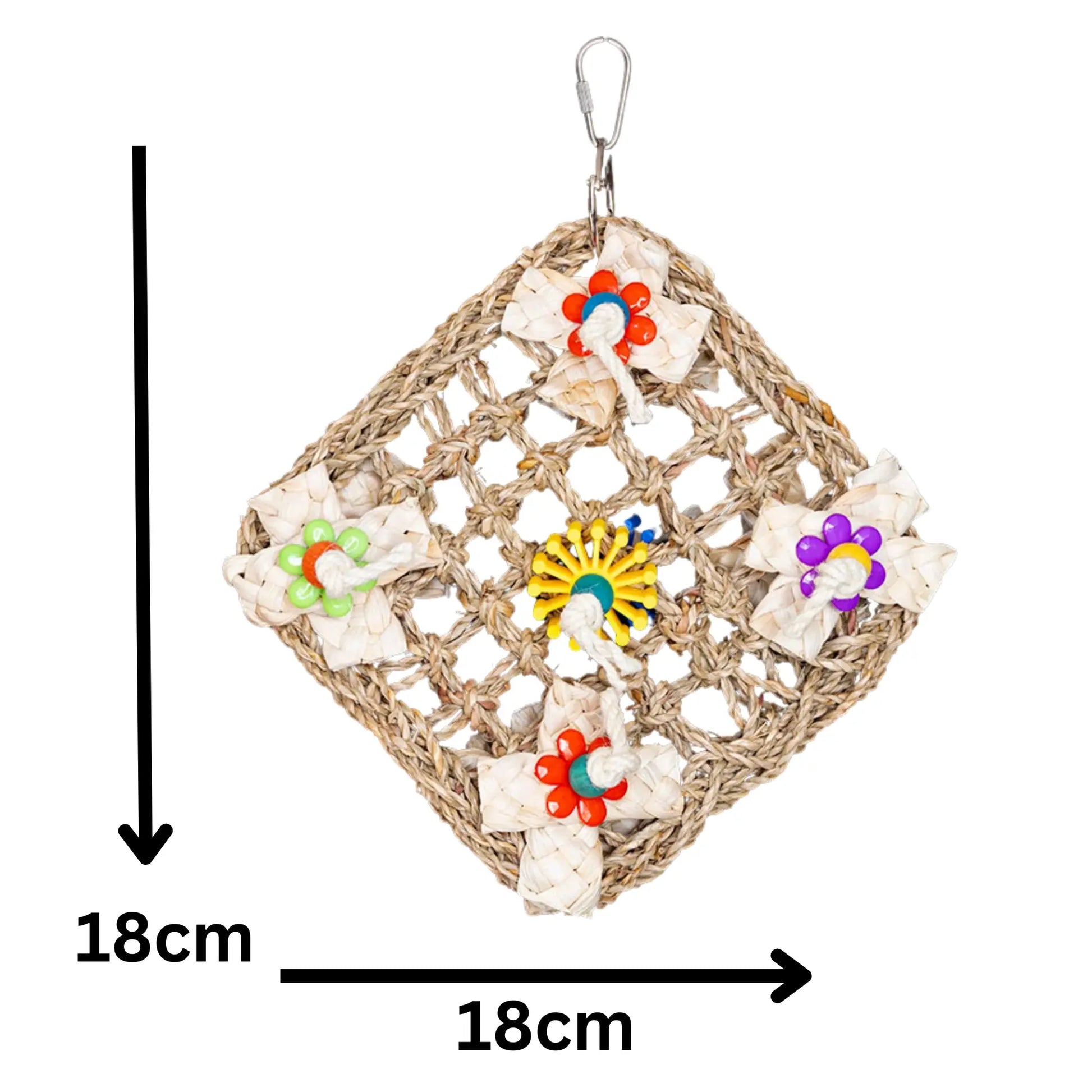 Measurements - Mat with Flowers Bird Toy This diamond mat bird toy features colourful plastic flowers and a central plastic gear, perfect for foraging fun. Hangs easily with a quick link and suits small to large birds. Size: 18 cm x 18 cm