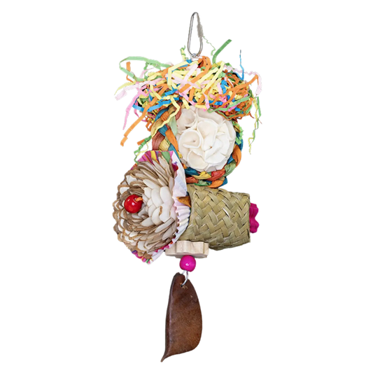 Transform your bird's playtime with our Natural Flowers Bloom Bird Toy. Made with a sola ball and wood flower, it's hung from wire, resembling blooming flowers. Plus, it's shredable and all-natural, providing endless entertainment for your feathered friend. Increase stimulation and happiness with this unique toy. Suitable for medium sized birds. Measures: 28cm x 8cm