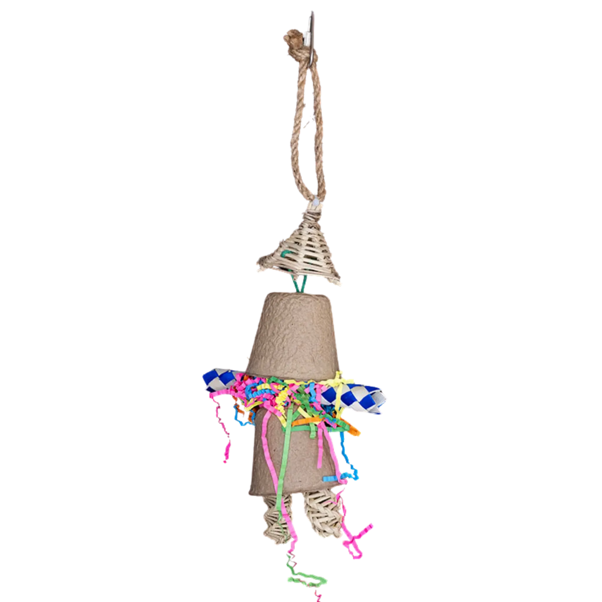 Natural man bird toy is made of a cane hat paper cups for the body finger trap for the arms and cane sticks for the legs. All natural and shredable for foraging stimulation for your feathered friend.