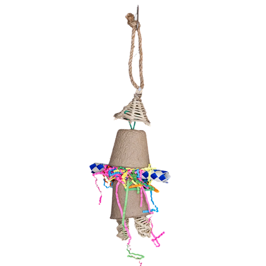 Natural man bird toy is made of a cane hat paper cups for the body finger trap for the arms and cane sticks for the legs. All natural and shredable for foraging stimulation for your feathered friend.