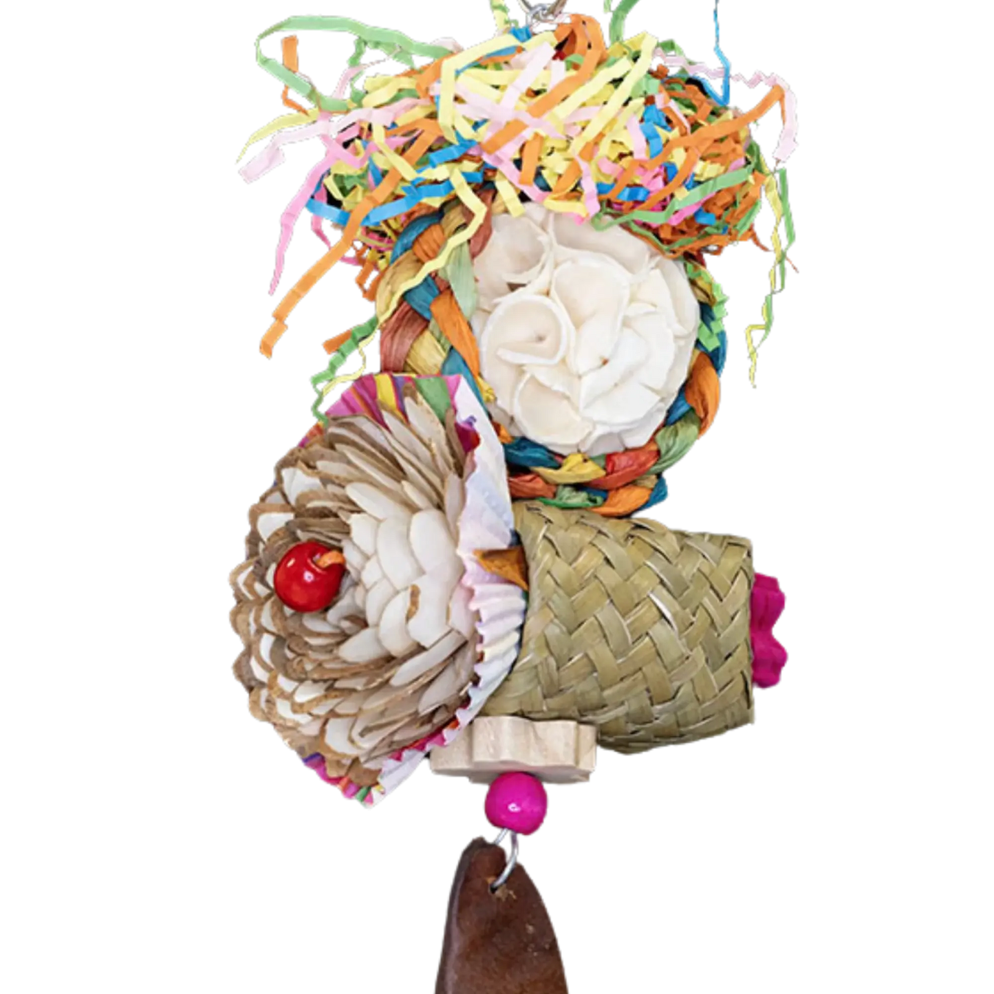 Closeup Image- Transform your bird's playtime with our Natural Flowers Bloom Bird Toy. Made with a sola ball and wood flower, it's hung from wire, resembling blooming flowers. Plus, it's shredable and all-natural, providing endless entertainment for your feathered friend. Increase stimulation and happiness with this unique toy. Suitable for medium sized birds. Measures: 28cm x 8cm