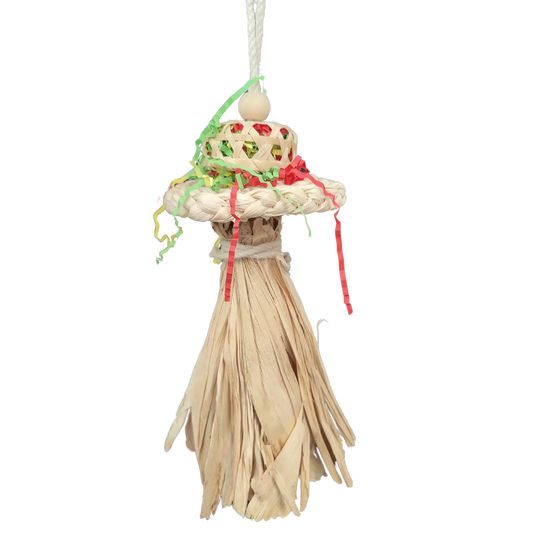 This natural and shredable bird toy features a hat and long tassels, providing endless entertainment for your feathered friend. Made from all-natural materials, it not only satisfies your bird's instinct to chew and shred, but also promotes physical and mental stimulation. Keep your bird happy and engaged with this must-have toy. Suitable for small and medium size birds. Measures 28cm H x 11cm L